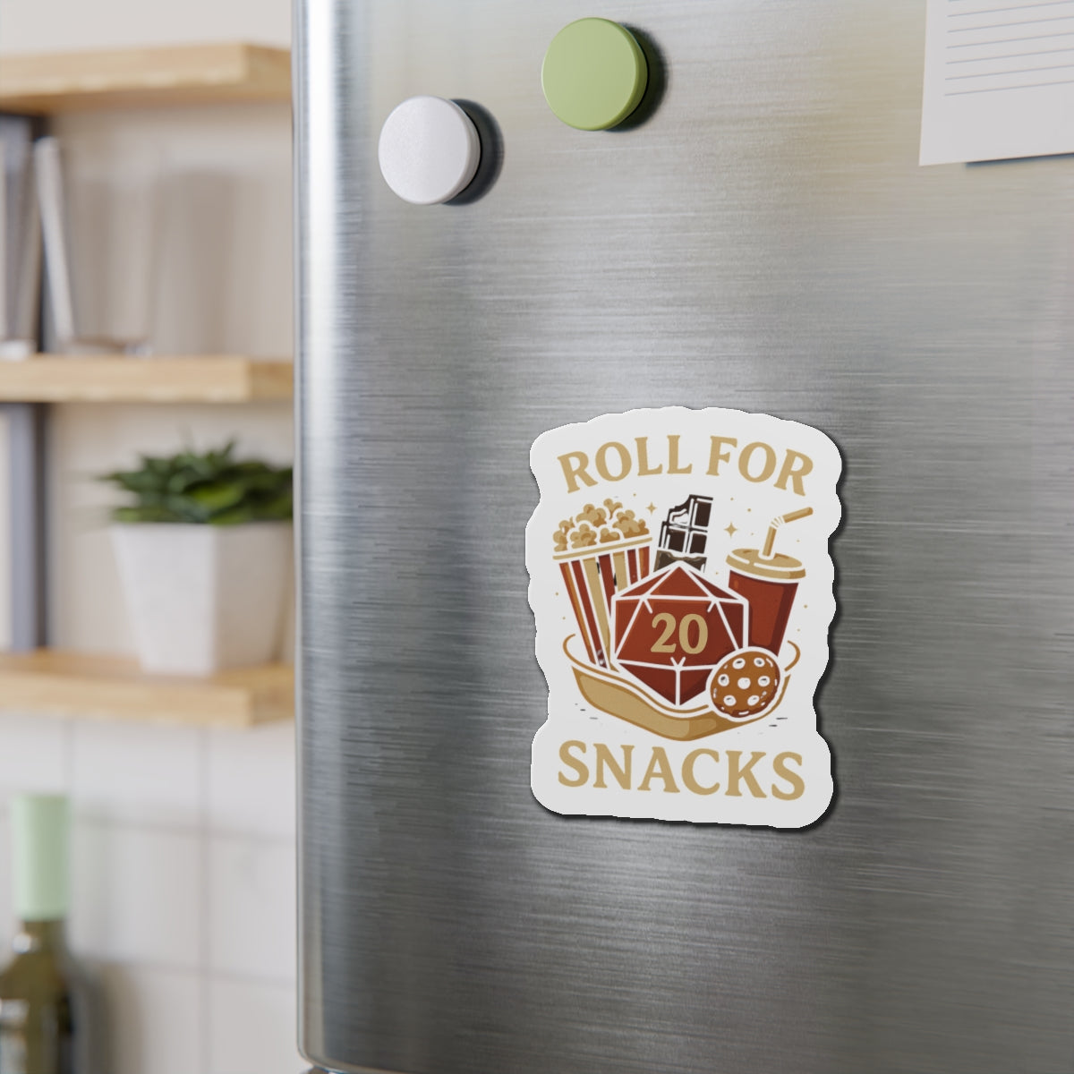 Roll for Snacks Die-Cut Magnets - Perfect for Gamers, Snack Lovers, D&D Enthusiasts, Home Decor, Fridge Art, Gifts for Friends