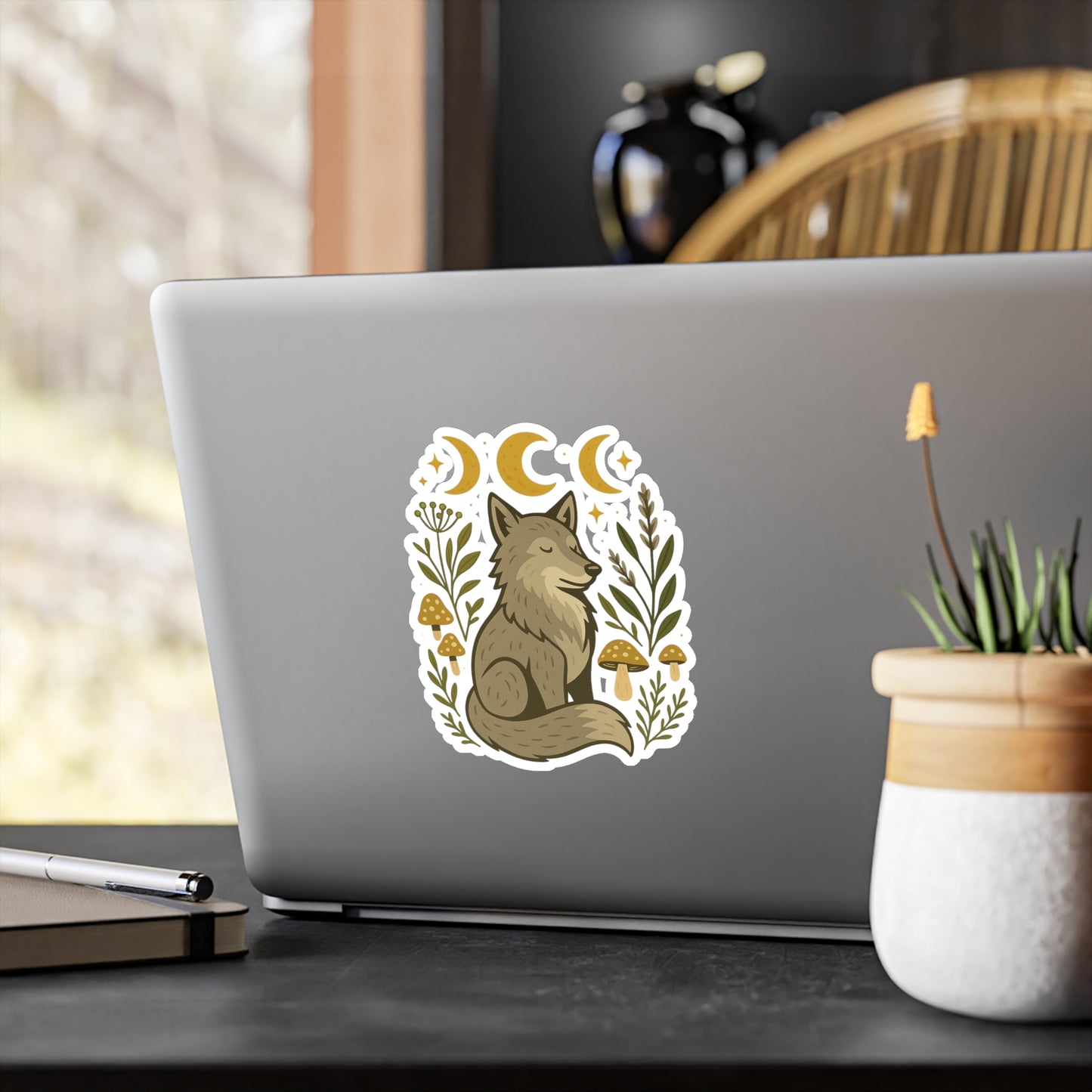 Mystical Wolf Vinyl Decal, Nature-Inspired Sticker, Boho Home Decor, Moon Phase Art, Animal Lovers Gift