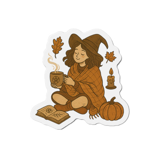 Cozy Witch Die-Cut Magnets, Fall Decor, Autumn Vibes, Gift for Her, Cute Kitchen Decor, Halloween Magnets, Boho Style