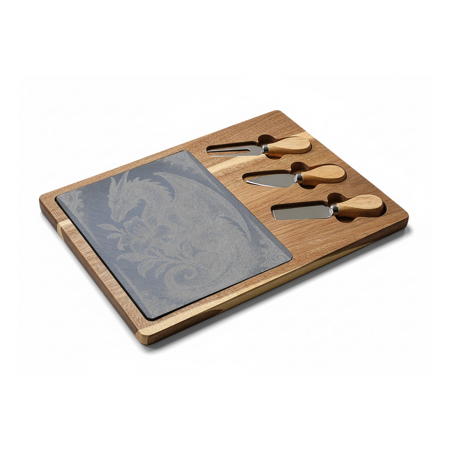 Engraved Dragon Charcuterie Board with Slate Insert & Cheese Tools