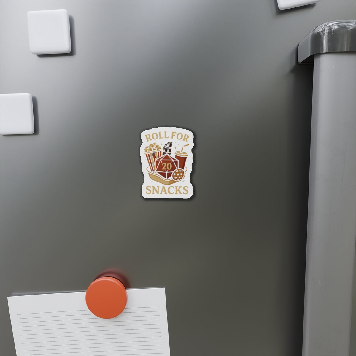 Roll for Snacks Die-Cut Magnets - Perfect for Gamers, Snack Lovers, D&D Enthusiasts, Home Decor, Fridge Art, Gifts for Friends