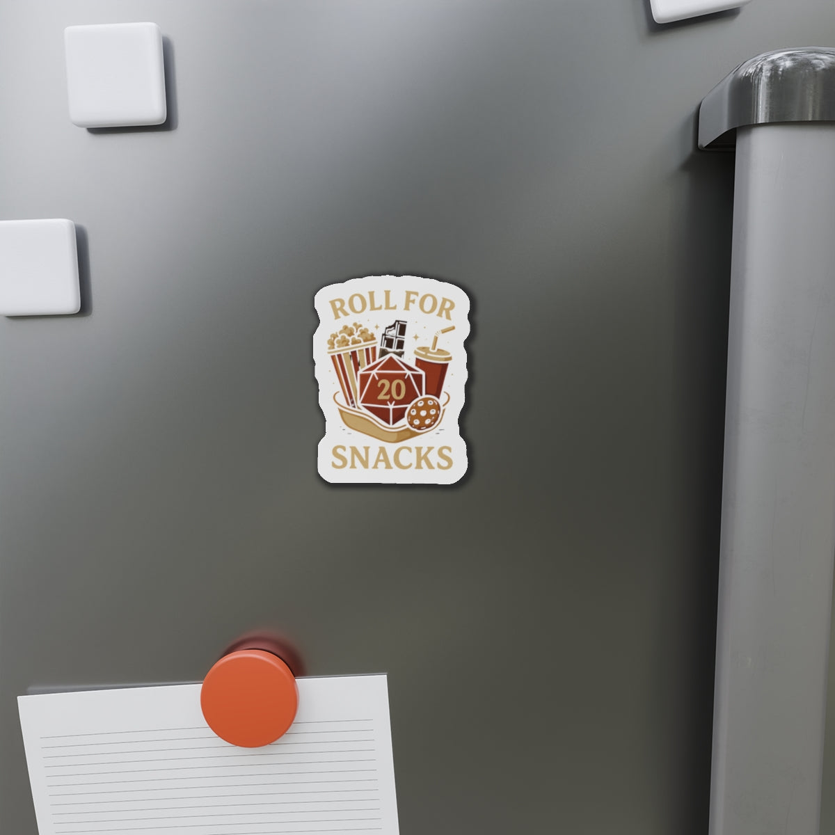 Roll for Snacks Die-Cut Magnets - Perfect for Gamers, Snack Lovers, D&D Enthusiasts, Home Decor, Fridge Art, Gifts for Friends