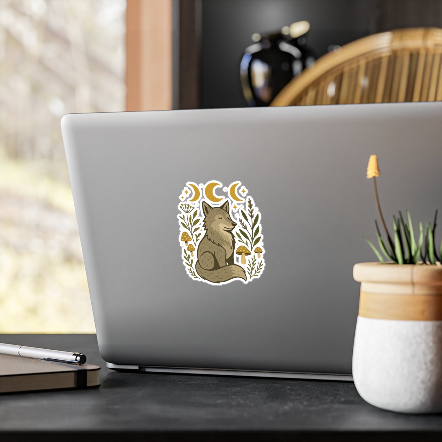 Mystical Wolf Vinyl Decal, Nature-Inspired Sticker, Boho Home Decor, Moon Phase Art, Animal Lovers Gift