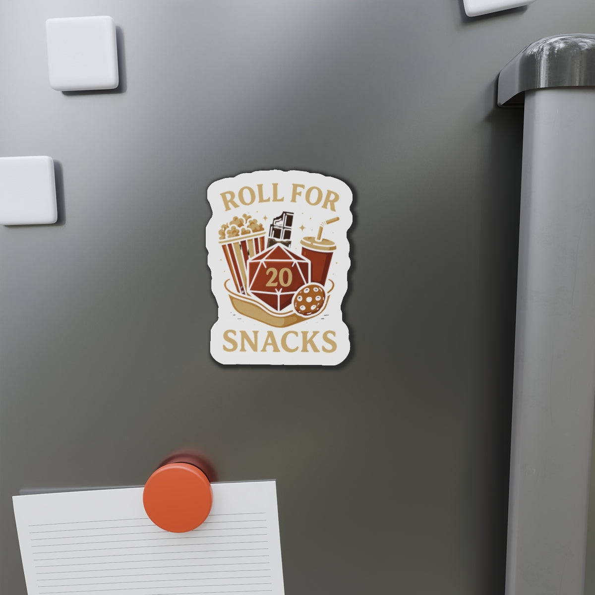 Roll for Snacks Die-Cut Magnets - Perfect for Gamers, Snack Lovers, D&D Enthusiasts, Home Decor, Fridge Art, Gifts for Friends