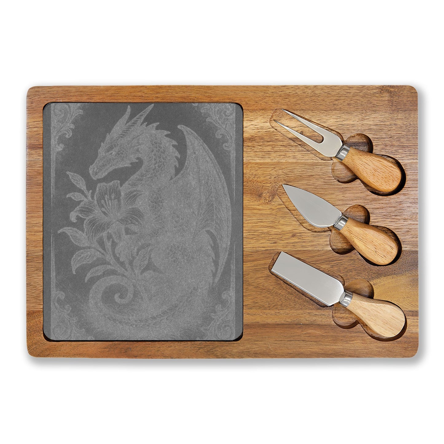 Engraved Dragon Charcuterie Board with Slate Insert & Cheese Tools
