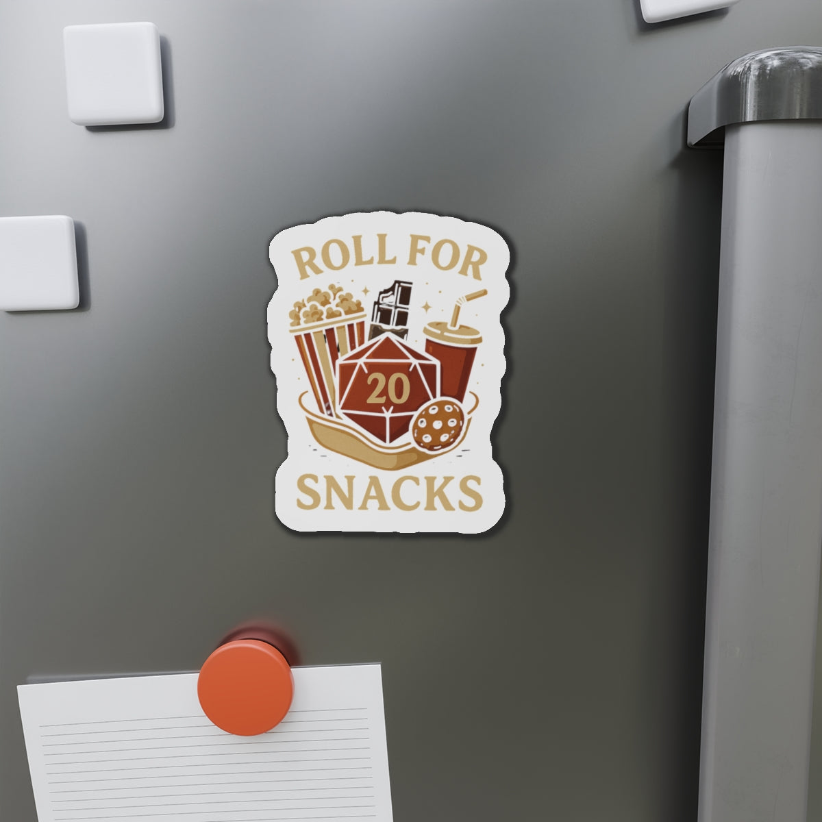 Roll for Snacks Die-Cut Magnets - Perfect for Gamers, Snack Lovers, D&D Enthusiasts, Home Decor, Fridge Art, Gifts for Friends