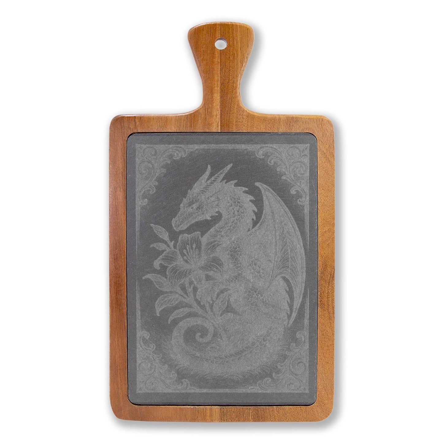Engraved Dragon Charcuterie Board with Slate Insert & Cheese Tools