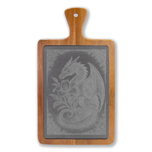 Engraved Dragon Charcuterie Board with Slate Insert & Cheese Tools