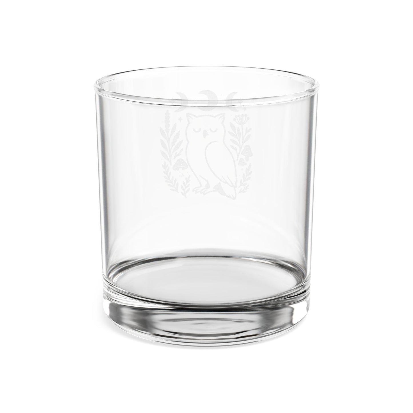 Engraved Owl Whiskey Glass — 10.5 oz Etched Rocks Glass with Moon Phases