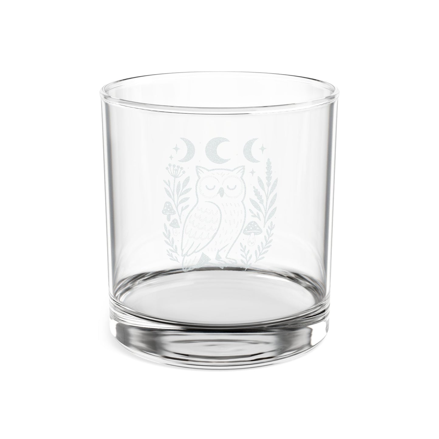 Engraved Owl Whiskey Glass — 10.5 oz Etched Rocks Glass with Moon Phases