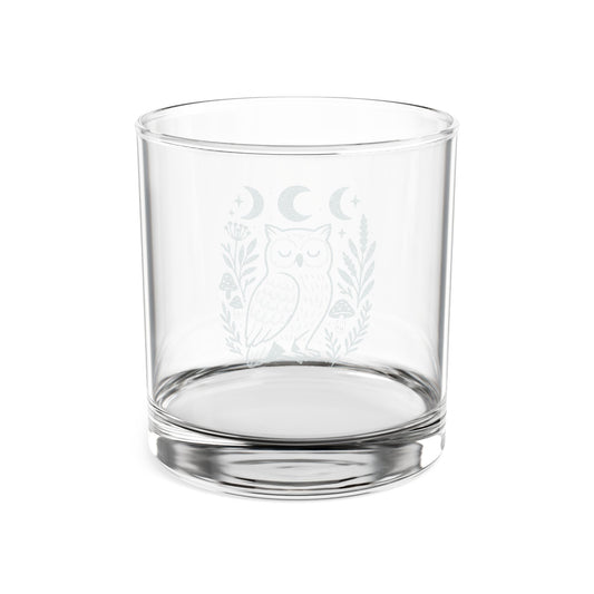 Engraved Owl Whiskey Glass — 10.5 oz Etched Rocks Glass with Moon Phases